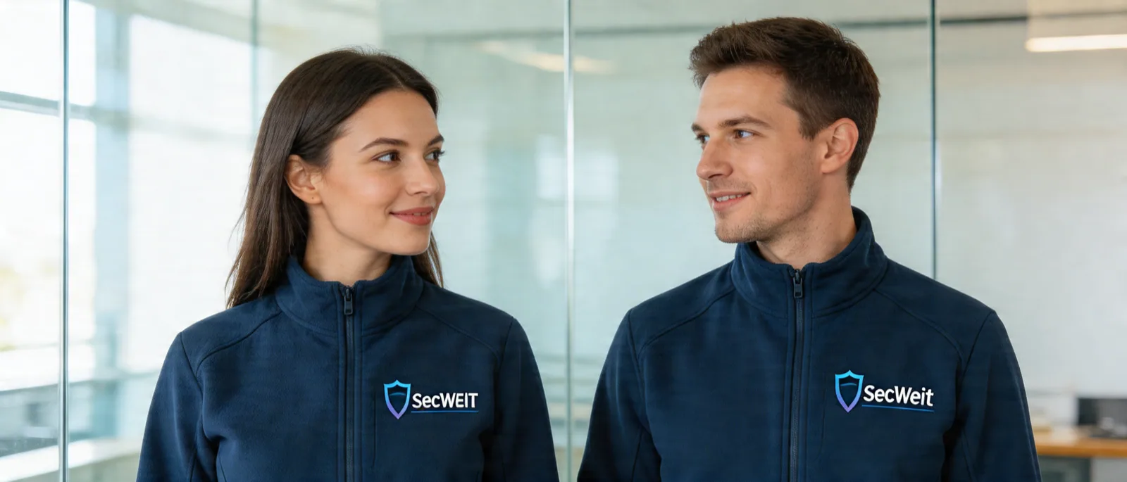 Zwei Personen in Arbeitskleidung mit SecWeit-Logo