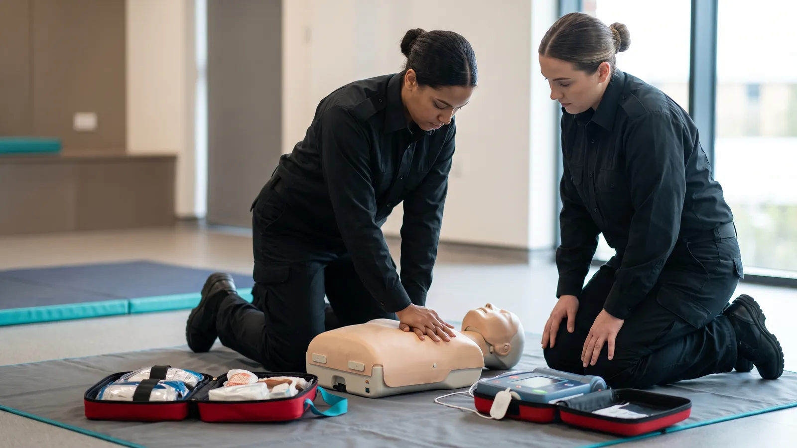 Zwei Sicherheitsmitarbeiterinnen üben die Herzdruckmassage an einer Übungspuppe, daneben Verbandkasten und AED-Trainer